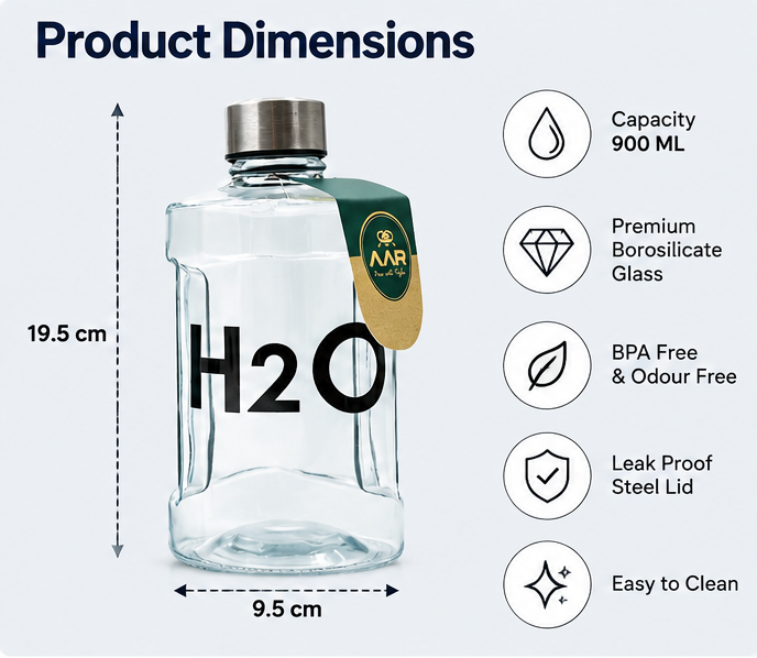 AAR H2O Glass Water Bottle 900 ML | Reusable Drinking Bottle with Leak-Proof Lid | Durable Glass Bottle for Home, Office & Travel