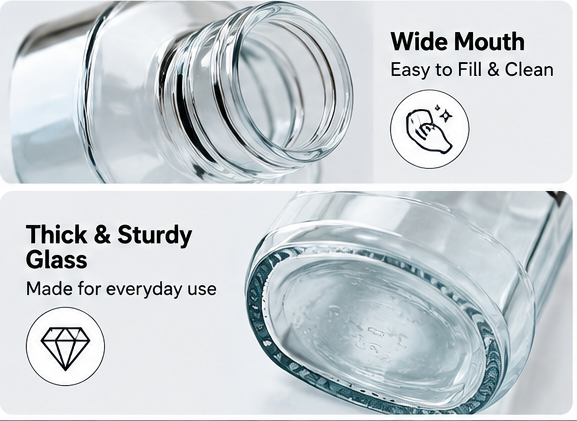 AAR H2O Glass Water Bottle 900 ML | Reusable Drinking Bottle with Leak-Proof Lid | Durable Glass Bottle for Home, Office & Travel