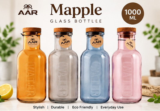 AAR Mapple Glass Bottle 1000 ML | Reusable Water Bottle with Cork Lid | Stylish Glass Bottle for Home, Office & Travel