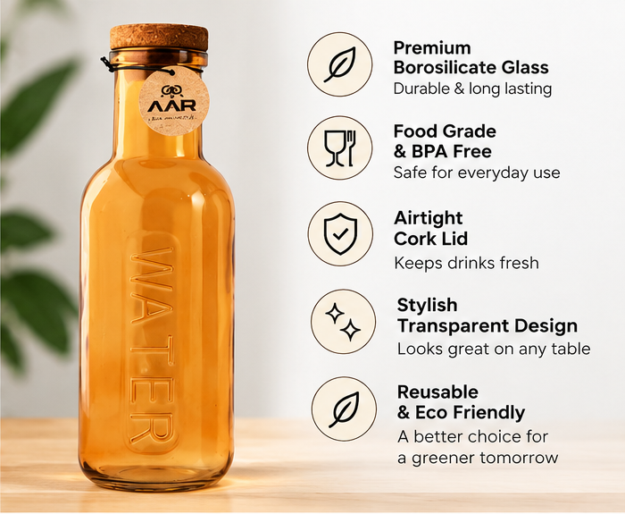 AAR Mapple Glass Bottle 1000 ML | Reusable Water Bottle with Cork Lid | Stylish Glass Bottle for Home, Office & Travel