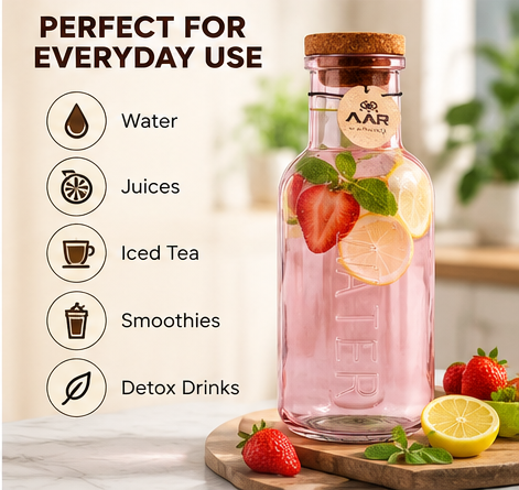AAR Mapple Glass Bottle 1000 ML | Reusable Water Bottle with Cork Lid | Stylish Glass Bottle for Home, Office & Travel
