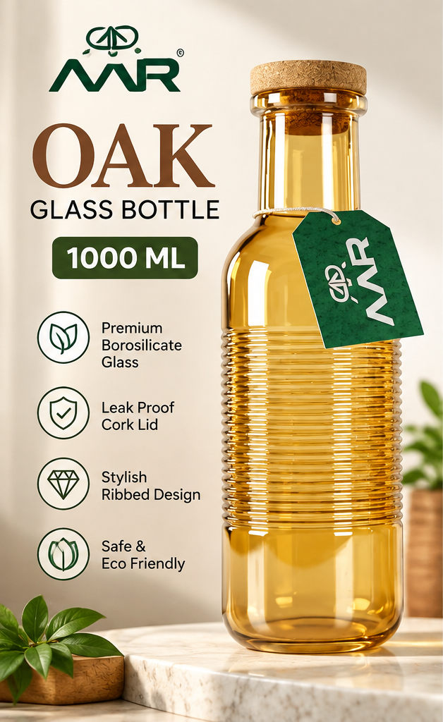 AAR Oak Glass Bottle 1000 ML | Premium Ribbed Glass Water Bottle with Natural Cork Lid | Reusable Drinking Bottle for Home, Office & Travel