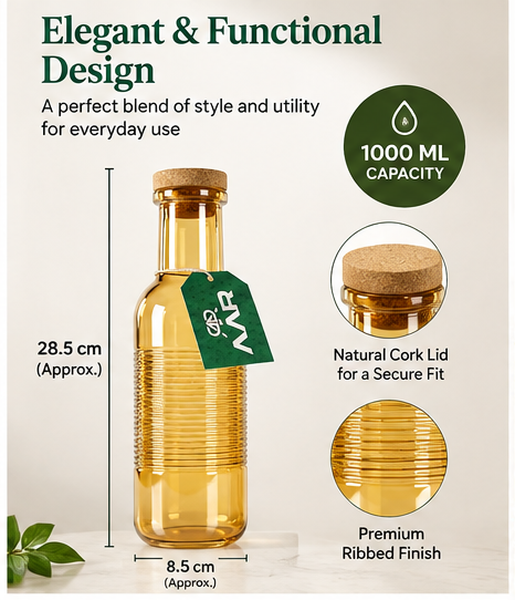 AAR Oak Glass Bottle 1000 ML | Premium Ribbed Glass Water Bottle with Natural Cork Lid | Reusable Drinking Bottle for Home, Office & Travel