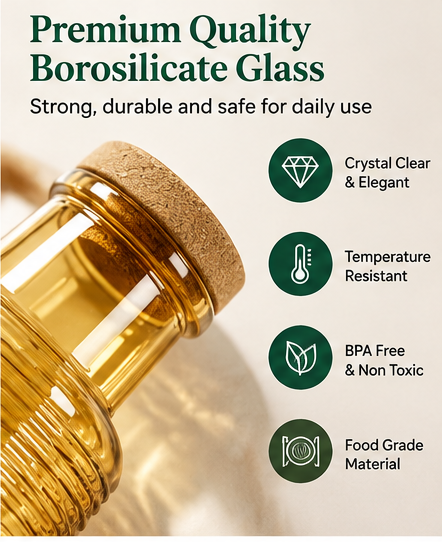 AAR Oak Glass Bottle 1000 ML | Premium Ribbed Glass Water Bottle with Natural Cork Lid | Reusable Drinking Bottle for Home, Office & Travel
