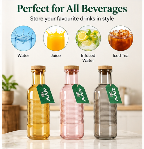 AAR Oak Glass Bottle 1000 ML | Premium Ribbed Glass Water Bottle with Natural Cork Lid | Reusable Drinking Bottle for Home, Office & Travel