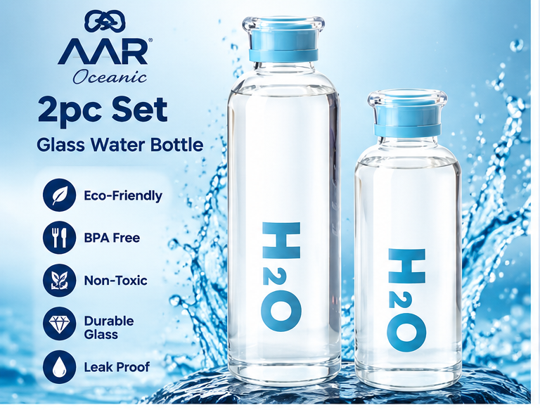 AAR Oceanic Glass Water Bottle Set of 2, 750ml & 500ml, BPA-Free Leak-Proof Glass Bottles for Home, Office, Gym & Travel