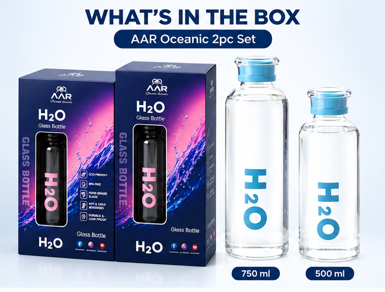 AAR Oceanic Glass Water Bottle Set of 2, 750ml & 500ml, BPA-Free Leak-Proof Glass Bottles for Home, Office, Gym & Travel