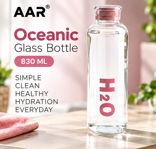 AAR Oceanic Glass Water Bottle 830 ML | Stylish Reusable Drinking Bottle for Home, Office, Gym & Travel | Leak Resistant Bottle