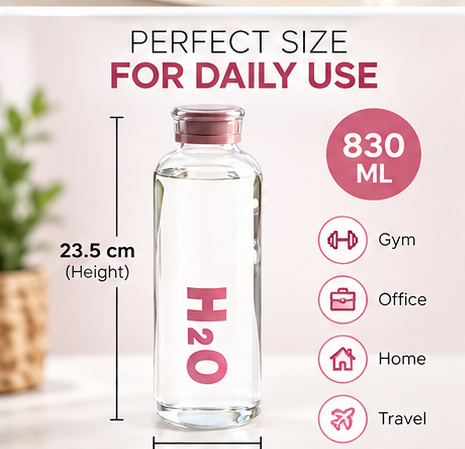 AAR Oceanic Glass Water Bottle 830 ML | Stylish Reusable Drinking Bottle for Home, Office, Gym & Travel | Leak Resistant Bottle