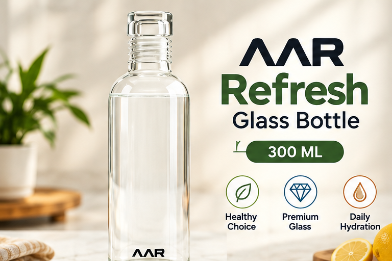 AAR Refresh Glass Bottle 300 ML | Reusable Water Bottle | Compact & Stylish Drinking Bottle | Leak-Resistant Lid | For Home, Office, Travel & School
