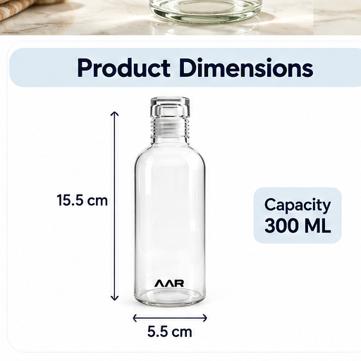 AAR Refresh Glass Bottle 300 ML | Reusable Water Bottle | Compact & Stylish Drinking Bottle | Leak-Resistant Lid | For Home, Office, Travel & School