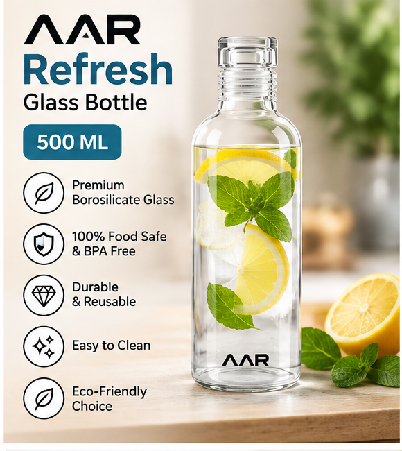 AAR Refresh Glass Bottle 500 ML | Transparent Water Bottle with Screw Cap | Reusable Drinking Bottle for Home, Office, Gym & Travel