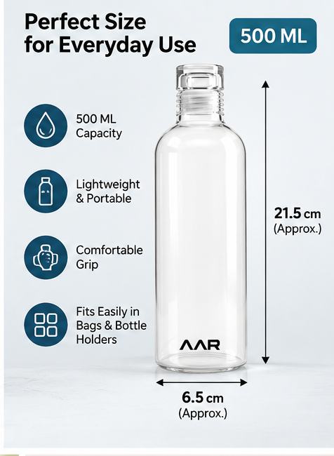 AAR Refresh Glass Bottle 500 ML | Transparent Water Bottle with Screw Cap | Reusable Drinking Bottle for Home, Office, Gym & Travel