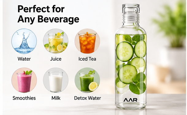AAR Refresh Glass Bottle 500 ML | Transparent Water Bottle with Screw Cap | Reusable Drinking Bottle for Home, Office, Gym & Travel