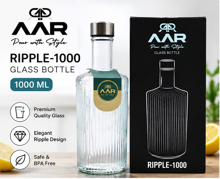 AAR Ripple 1000 Glass Water Bottle with Steel Lid, 1000 ML, Stylish Ripple Design, Reusable Bottle for Home, Office & Travel