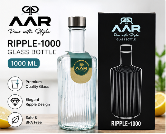 AAR Ripple 1000 Glass Water Bottle with Steel Lid, 1000 ML, Stylish Ripple Design, Reusable Bottle for Home, Office & Travel