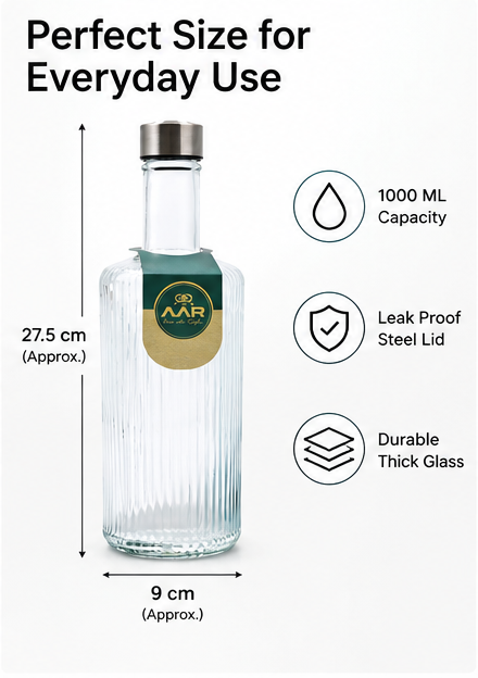 AAR Ripple 1000 Glass Water Bottle with Steel Lid, 1000 ML, Stylish Ripple Design, Reusable Bottle for Home, Office & Travel