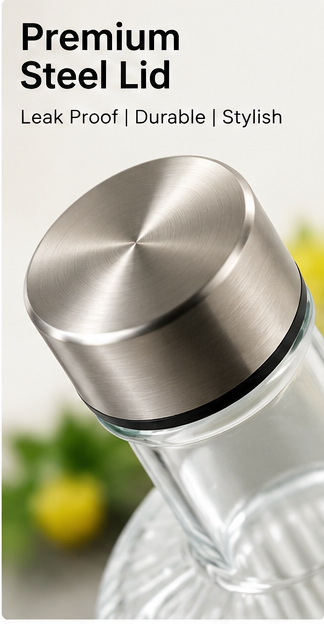 AAR Ripple 1000 Glass Water Bottle with Steel Lid, 1000 ML, Stylish Ripple Design, Reusable Bottle for Home, Office & Travel