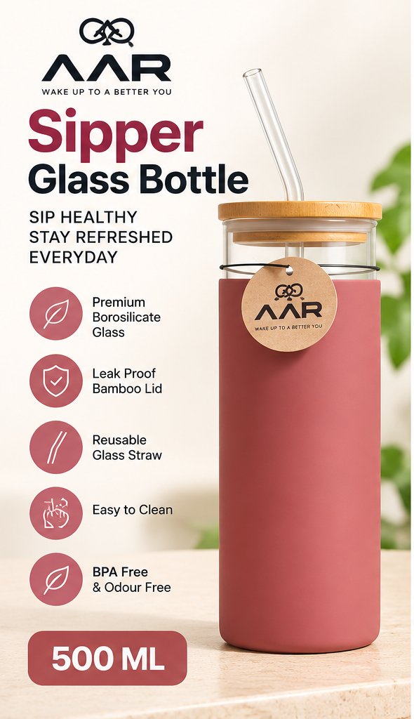 AAR Sipper Glass Bottle 500 ML | Borosilicate Glass Water Bottle with Bamboo Lid & Reusable Glass Straw | Leak Resistant, BPA Free, Stylish Bottle for Home, Office & Travel