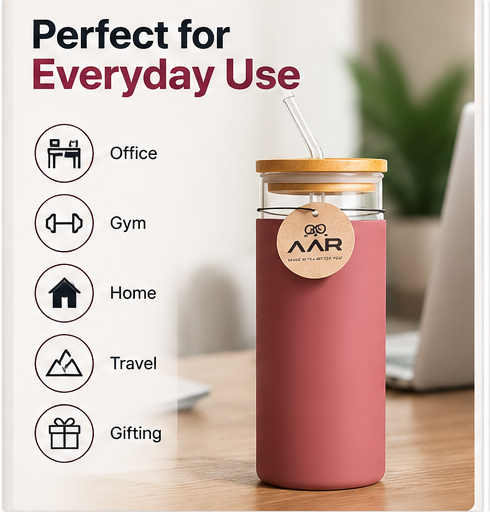 AAR Sipper Glass Bottle 500 ML | Borosilicate Glass Water Bottle with Bamboo Lid & Reusable Glass Straw | Leak Resistant, BPA Free, Stylish Bottle for Home, Office & Travel