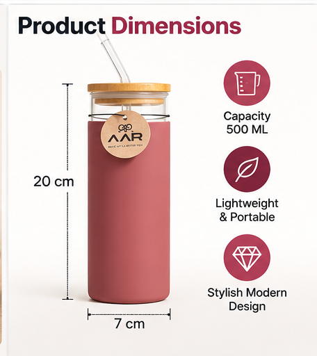 AAR Sipper Glass Bottle 500 ML | Borosilicate Glass Water Bottle with Bamboo Lid & Reusable Glass Straw | Leak Resistant, BPA Free, Stylish Bottle for Home, Office & Travel