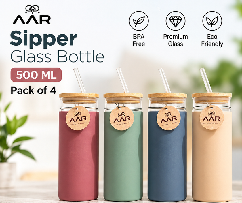 AAR Sipper Glass Bottle 500 ML, Pack of 4, Reusable Glass Water Bottles with Bamboo Lid & Straw, Silicone Sleeve, BPA-Free