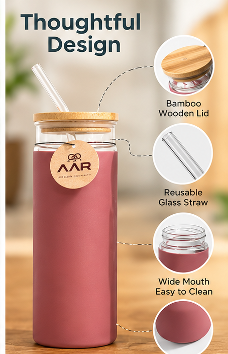 AAR Sipper Glass Bottle 500 ML, Pack of 4, Reusable Glass Water Bottles with Bamboo Lid & Straw, Silicone Sleeve, BPA-Free