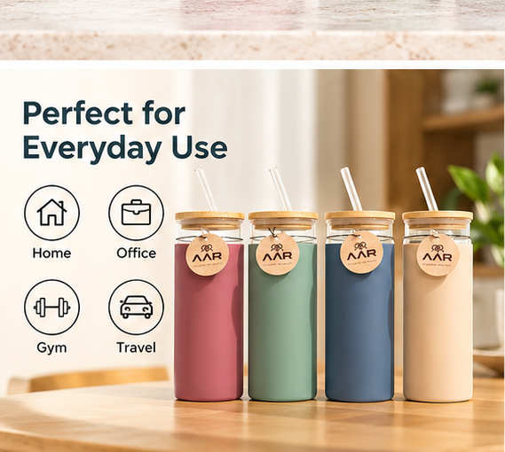 AAR Sipper Glass Bottle 500 ML, Pack of 4, Reusable Glass Water Bottles with Bamboo Lid & Straw, Silicone Sleeve, BPA-Free