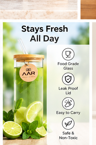 AAR Sipper Glass Bottle 500 ML, Pack of 4, Reusable Glass Water Bottles with Bamboo Lid & Straw, Silicone Sleeve, BPA-Free