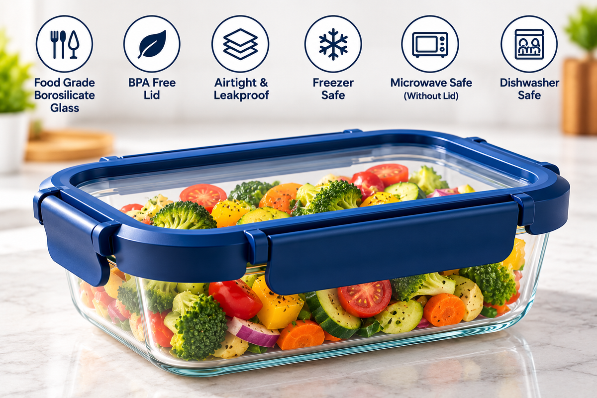 AAR Fresha Rectangle Glass Food Storage Container 1040 ML with Airtight Locking Lid, BPA-Free, Leakproof, Microwave & Freezer Safe, Kitchen Meal Prep Container