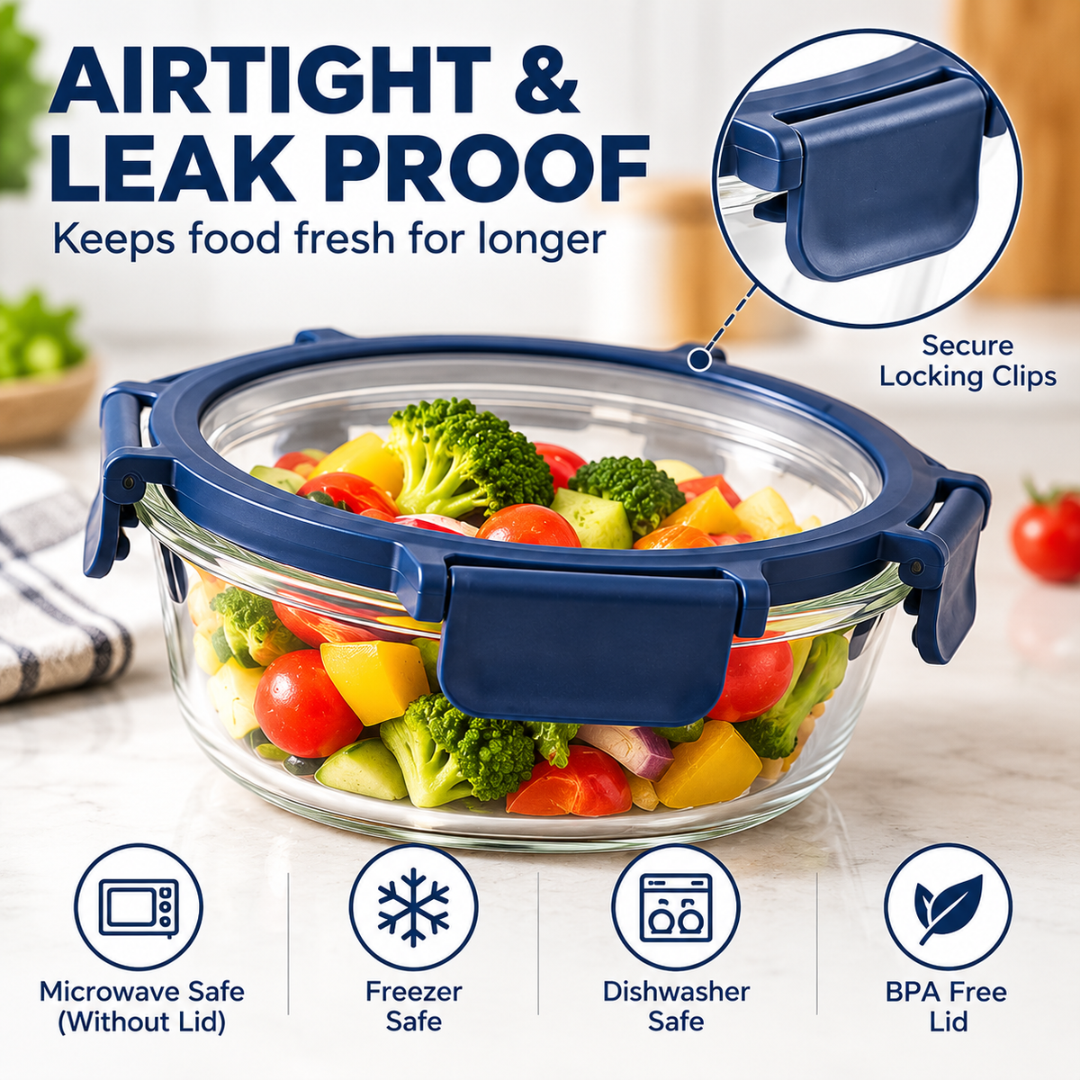 AAR Fresha Round 620 ML Glass Food Storage Container with Glass Lid, Airtight Leak-Proof Locking Clips, BPA-Free, Microwave & Freezer Safe