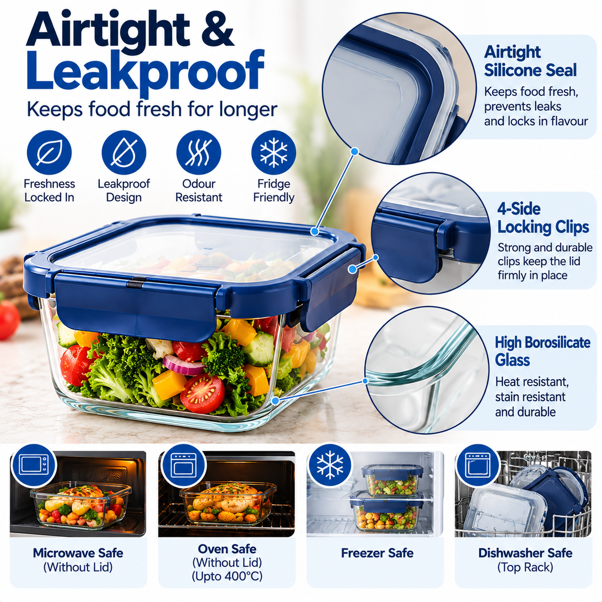 AAR Fresha Square Glass Food Storage Containers Set of 3, 320ml + 520ml + 800ml, Blue Airtight Locking Lids, Transparent Kitchen Storage Boxes for Fruits, Snacks, Leftovers and Meal Prep