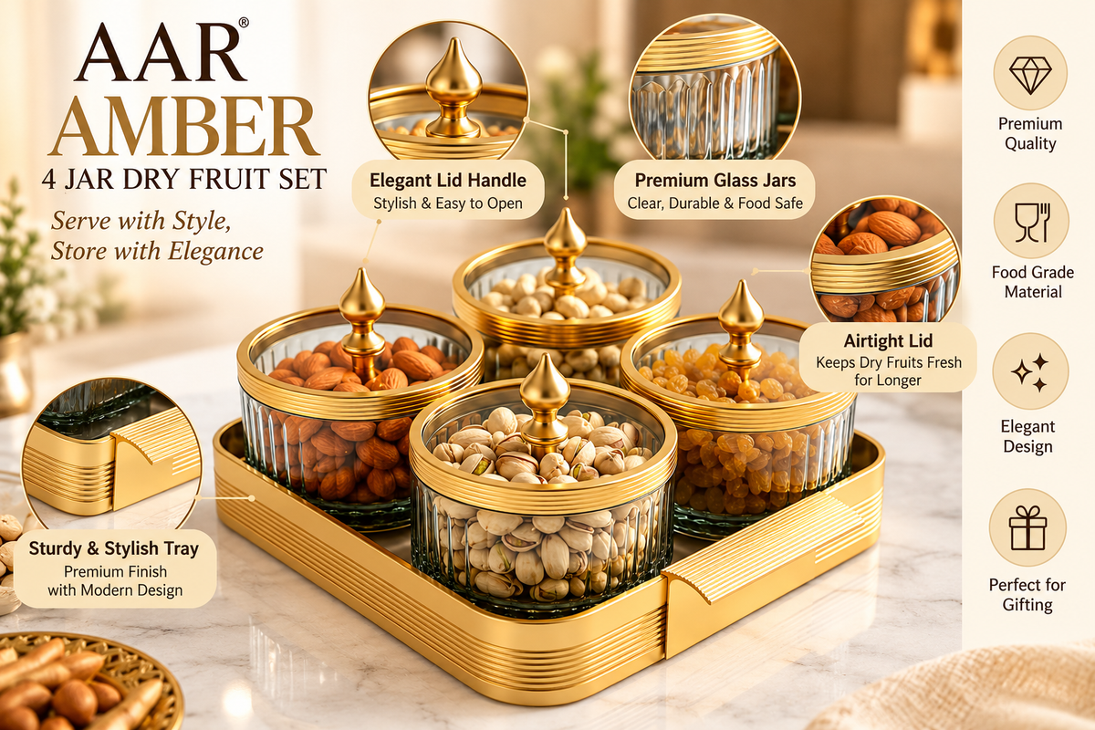 AAR Amber 4 Jar Dry Fruit Set for Kitchen & Dining | Elegant Storage Jars for Dry Fruits, Nuts, Snacks, Candies & Mouth Freshener | Decorative Countertop Organizer