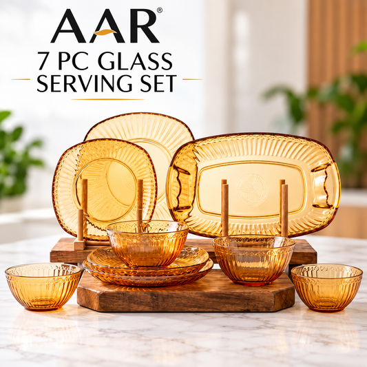AAR 7 PC Glass Serving Set | Amber Ribbed Glass Plates & Bowls | Elegant Tableware Set for Snacks, Fruits, Desserts & Serving
