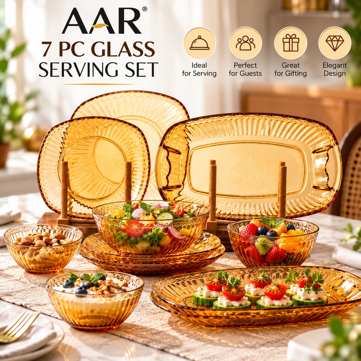 AAR 7 PC Glass Serving Set | Amber Ribbed Glass Plates & Bowls | Elegant Tableware Set for Snacks, Fruits, Desserts & Serving