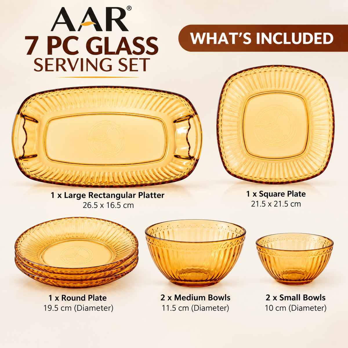 AAR 7 PC Glass Serving Set | Amber Ribbed Glass Plates & Bowls | Elegant Tableware Set for Snacks, Fruits, Desserts & Serving