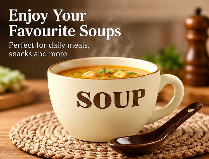 AAR Cuddle Cup Ceramic Soup Mug with Handle and Spoon, Cream Colour