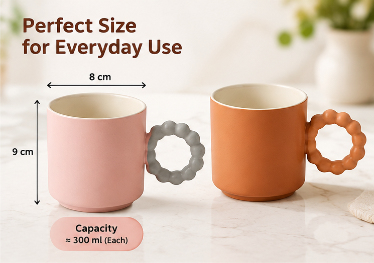 AAR Cuddle Cup Ceramic Coffee Mug Set of 2, Pink & Terracotta Mugs with Unique Round Bubble Handles for Tea, Coffee & Everyday Use