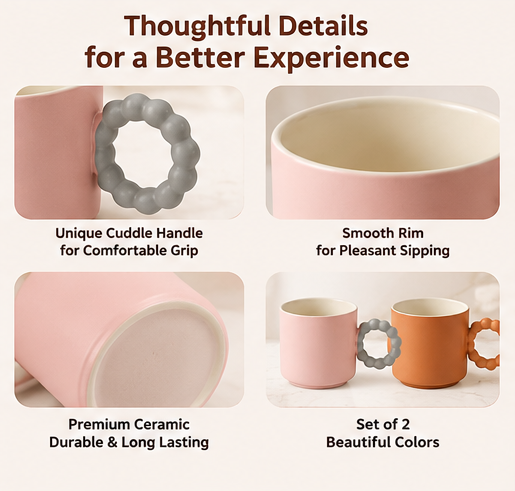 AAR Cuddle Cup Ceramic Coffee Mug Set of 2, Pink & Terracotta Mugs with Unique Round Bubble Handles for Tea, Coffee & Everyday Use