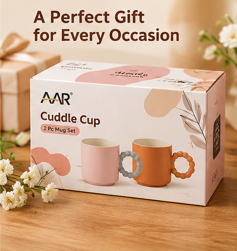 AAR Cuddle Cup Ceramic Coffee Mug Set of 2, Pink & Terracotta Mugs with Unique Round Bubble Handles for Tea, Coffee & Everyday Use