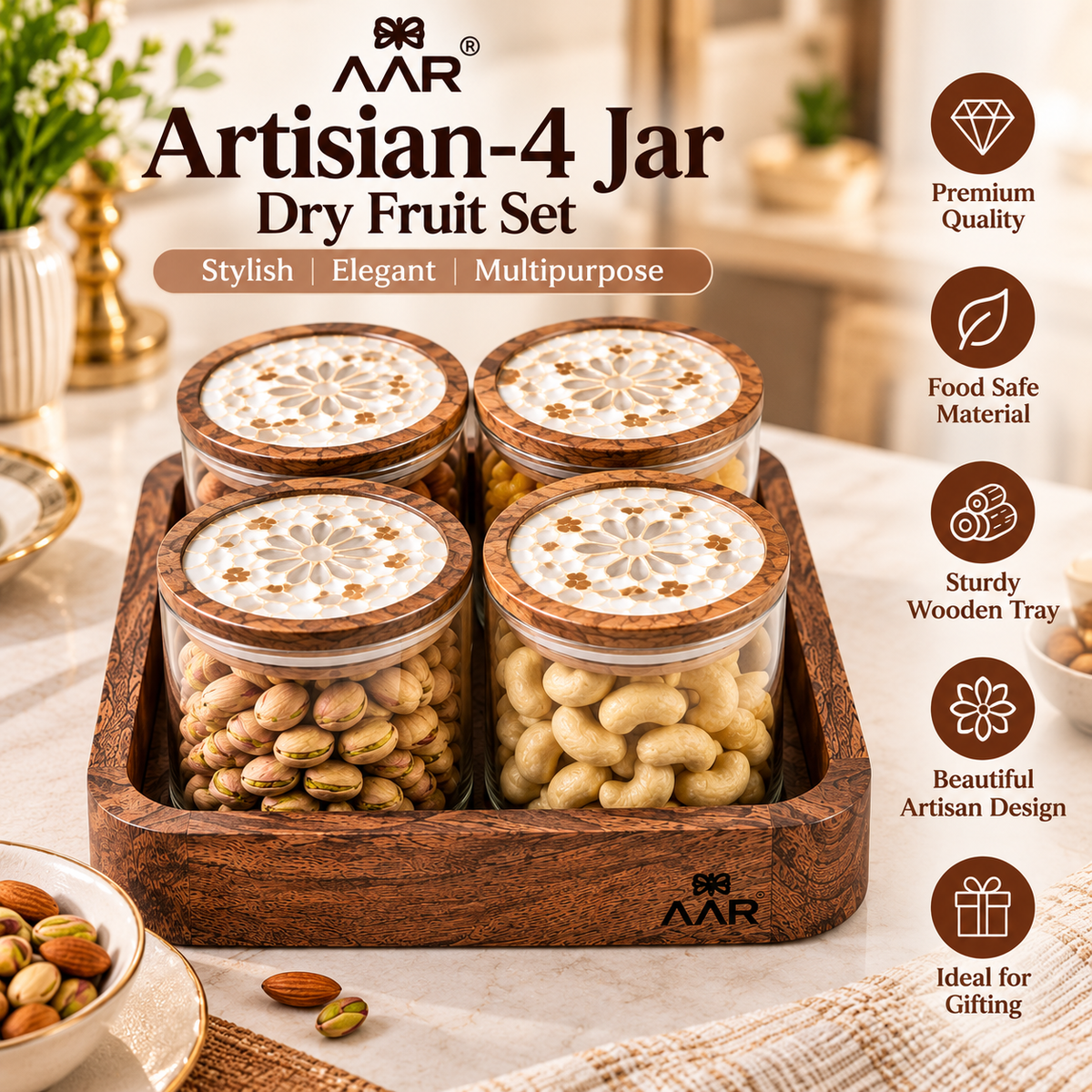 AAR Artisian 4 Jar Dry Fruit Set with Decorative Lids and Wooden Tray for Kitchen Storage and Dining Table