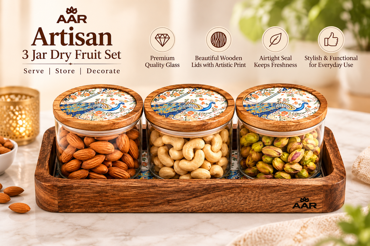 AAR Artisan 3 Jar Dry Fruit Set with Wooden Tray, Decorative Peacock Print Lids, Glass Storage Jars for Nuts, Almonds, Cashews, Pistachios & Snacks