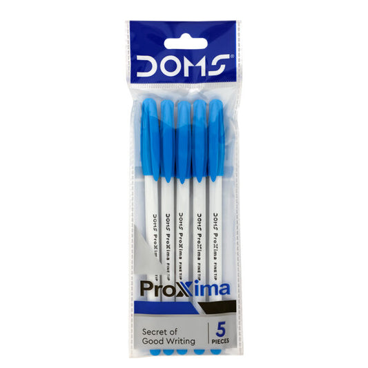 Doms Proxima Ball Pen | Fine Tip Ball Pen | Smooth Writing with Comfortable Grip | Lightweight & Simple Body Design | Blue, Black, Pack of 5 pcs