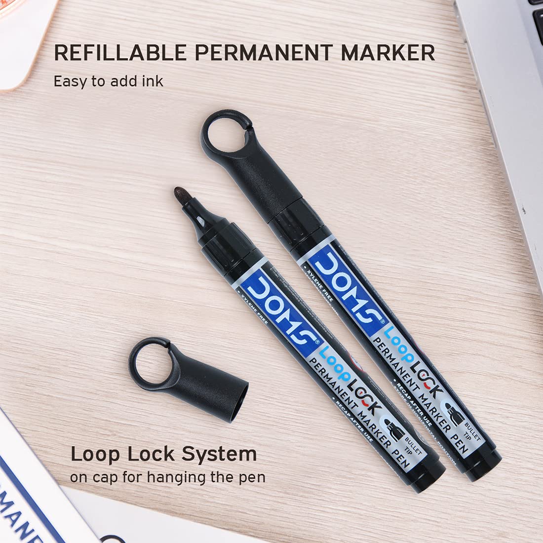 Doms Refilo Non-Toxic Hi-Tech Refillable Loop Lock Permanent Marker Pen (Black)