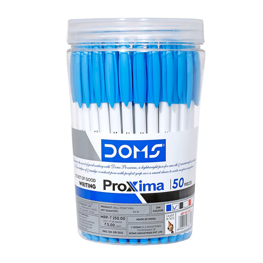 Doms Proxima Ball Pen Jar Pack | Fine Tip Ball Pen | Smooth Writing with Comfortable Grip | Lightweight & Simple Body Design | (Blue, Black Ink, 50 Pens Pack of 1 Box)