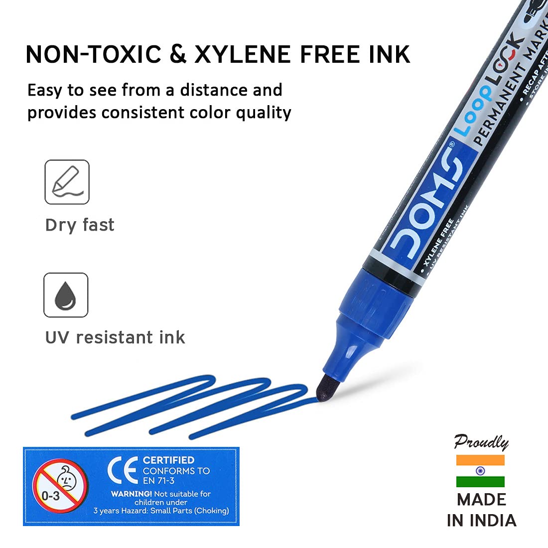 Doms Refilo Non-Toxic Hi-Tech Refillable Loop Lock Permanent Marker Pen (BLUE)