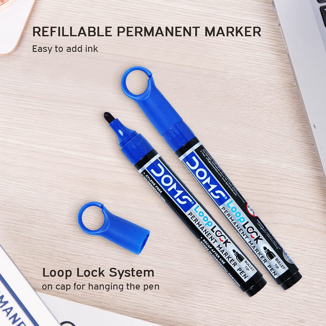 Doms Refilo Non-Toxic Hi-Tech Refillable Loop Lock Permanent Marker Pen (BLUE)