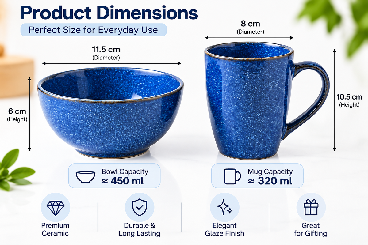 AAR Evero Ceramic Bowl and Mug Set, Blue Speckled Glazed Tableware Set for Breakfast, Tea, Coffee, Snacks and Everyday Use