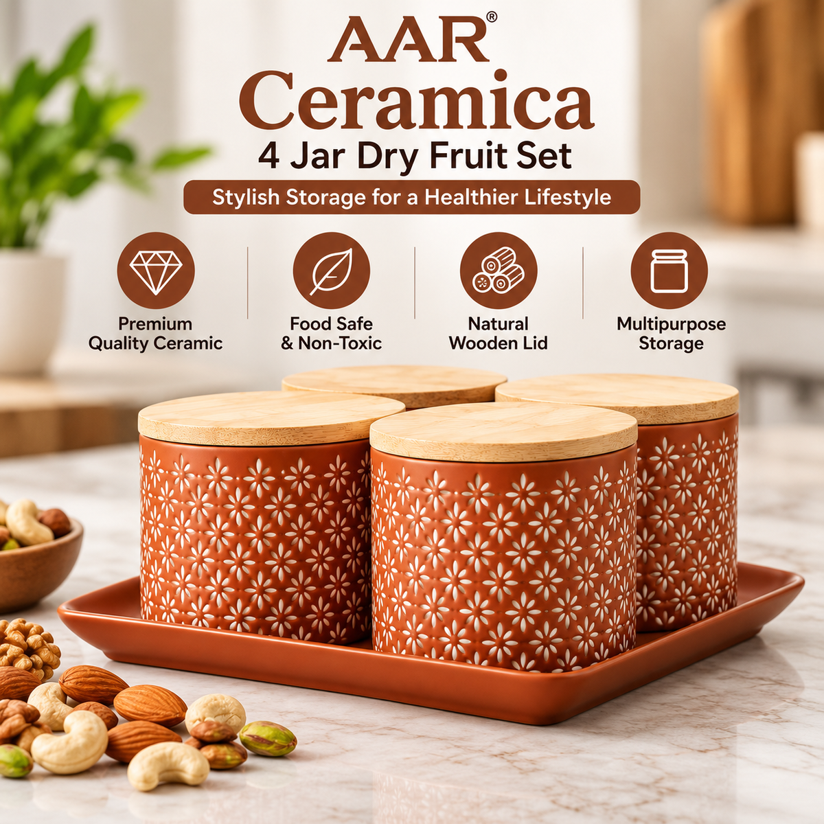 AAR Ceramica-4 Jar Dry Fruit Set | Stylish 4-Jar Storage Set for Dry Fruits, Nuts, Snacks & Kitchen Décor