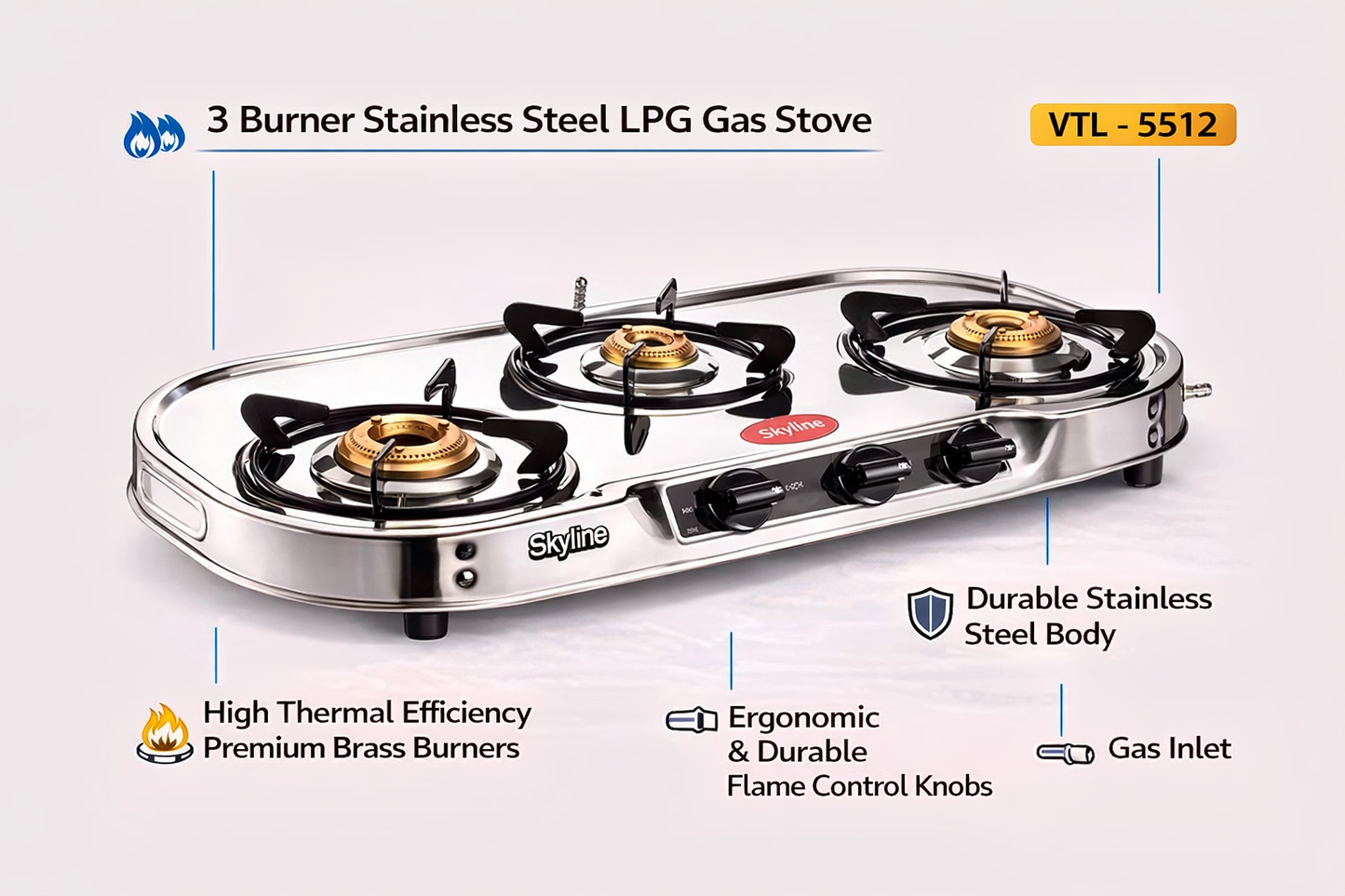 Skyline Stainless Steel 3-Burner LPG Gas Stove with Jumbo Brass Burners - VTL-3113